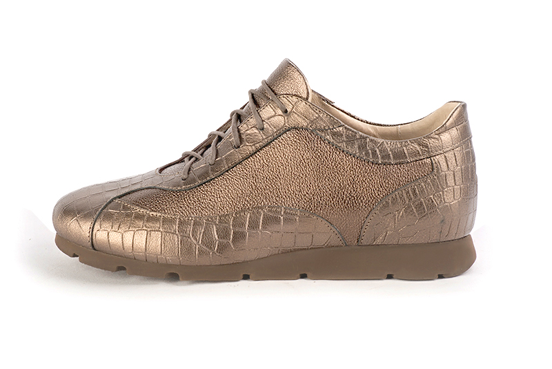 Bronze beige women's elegant sneakers. Round toe. Flat rubber soles. Profile view - Florence KOOIJMAN